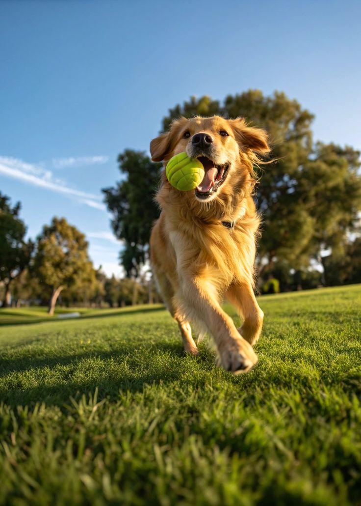 Golden retriever running with a ball in its mouth