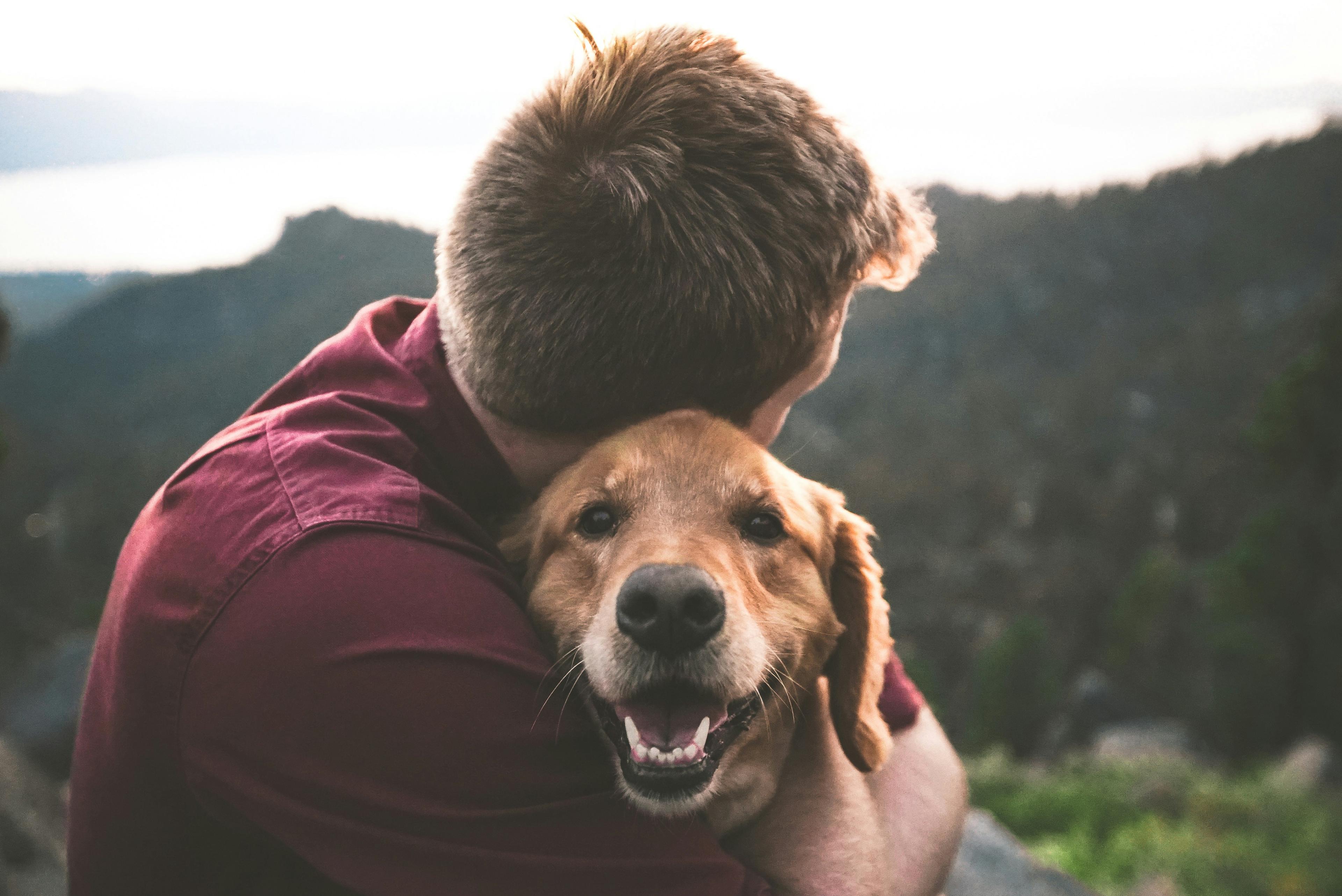 Man hugging his golden retriever outdoors